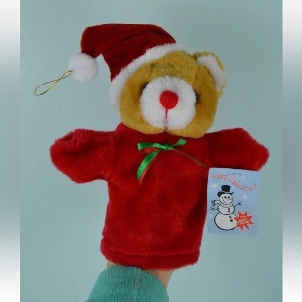 Best Made Toys Christmas Teddy Bear Hand Puppet Plush Stuffed Santa Hat 7.5"